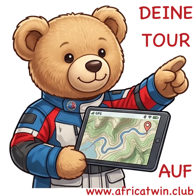 Teddy im Africa-Twin-Motorradanzug mit GPS-Tablet — Maskottchen der Touren-App africatwin.club